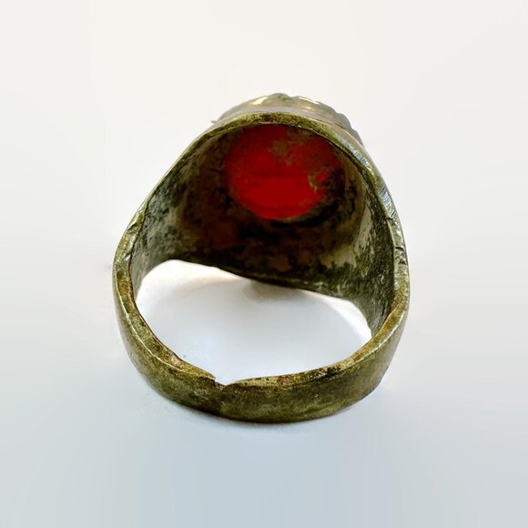 Vintage Afghan Ring Middle Eastern: Red Glass Jewel Mens Mixed Metal Patina Old - Picture 3 of 3